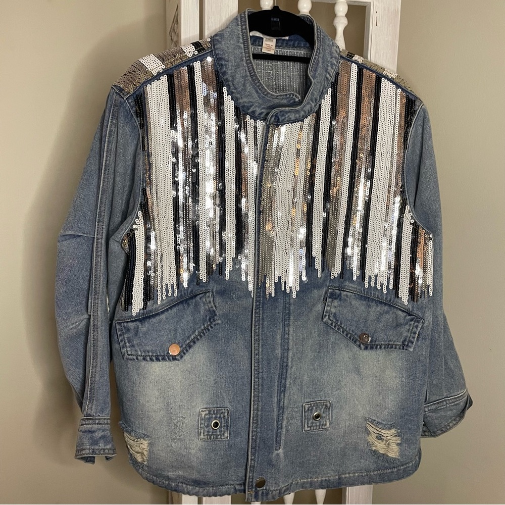 Scripted Distressed Denim Jacket With Sequin Embe… - image 1